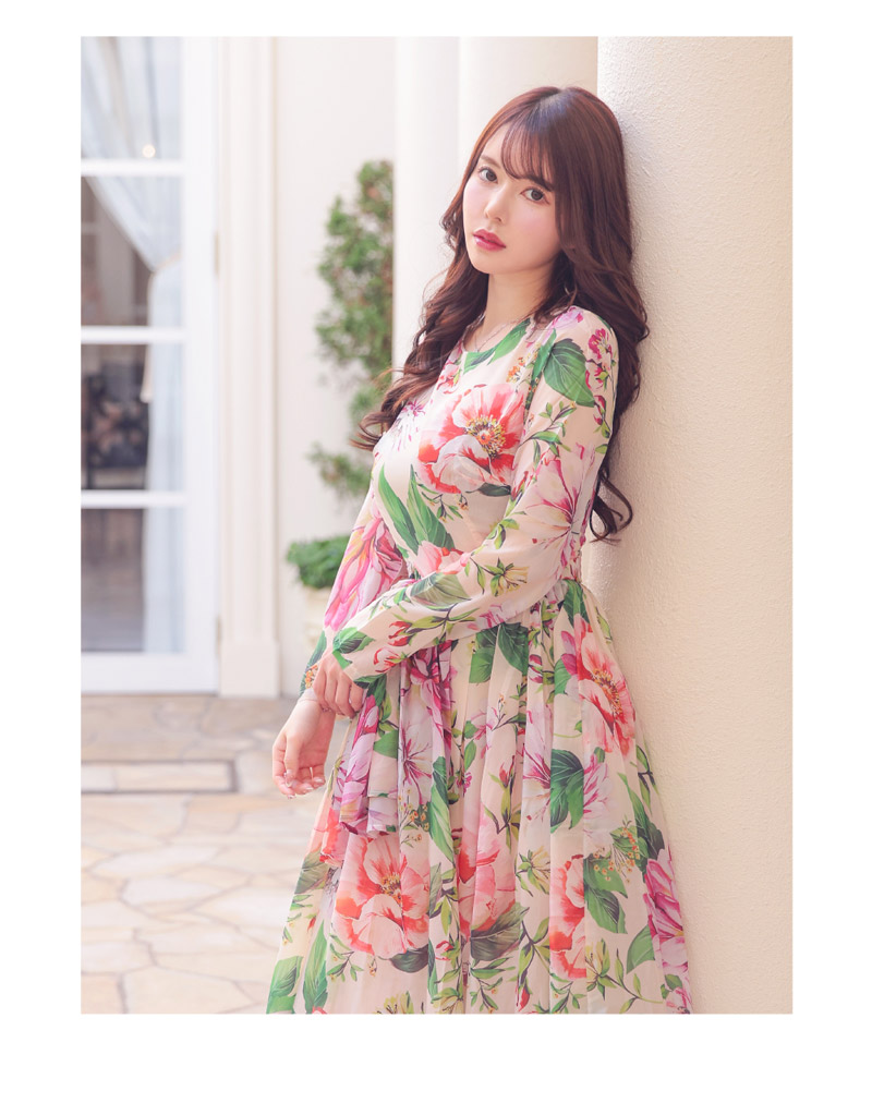 vanityME. [ピンク] 大人 エレガント花柄 長袖 きれいめ ロング丈