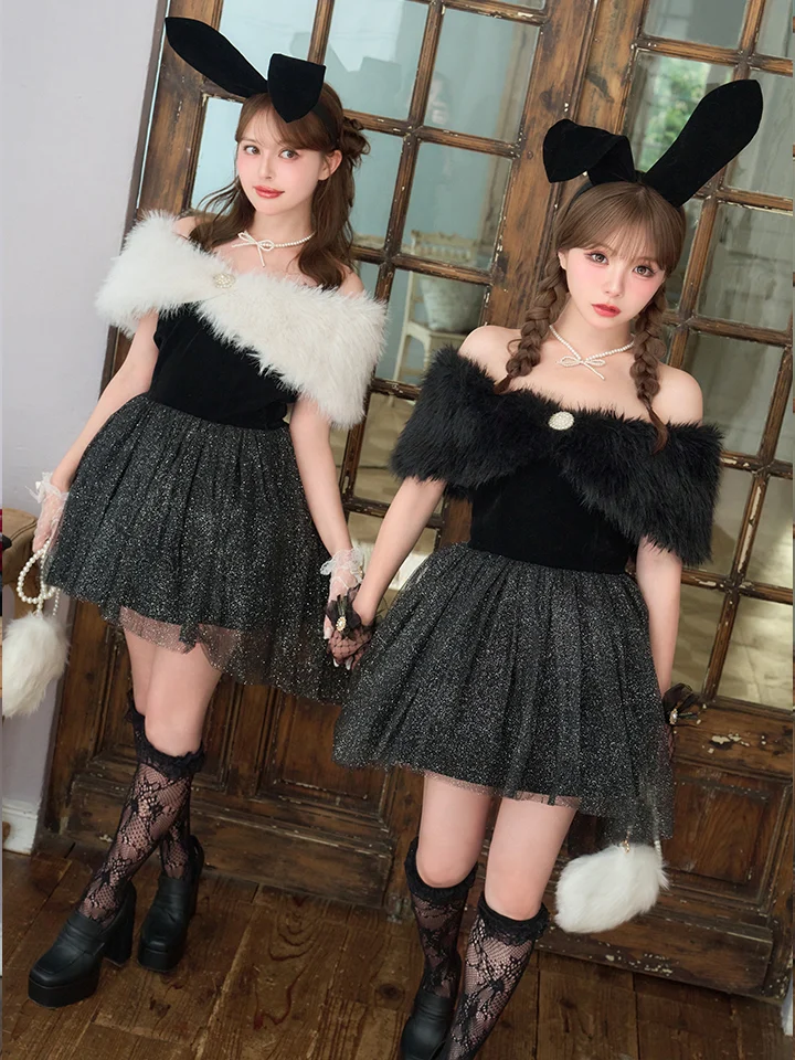 vanityME.（バニティーミー） コスプレ通販専門店【2点セット】Mademoiselle Noble Bunny マドモアゼルノーブルバニー ファーフレアバニー ブラック×ホワイト vcsbn-26010-1-my-wh イメージ画像01