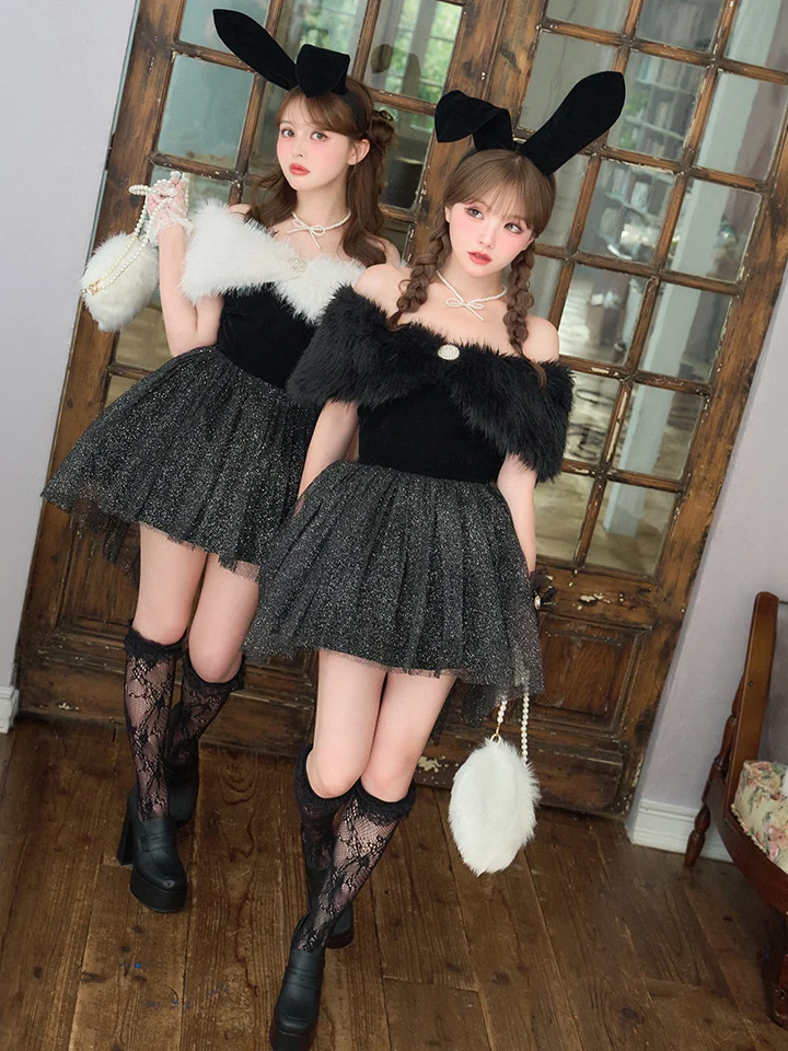 vanityME.（バニティーミー） コスプレ通販専門店  【2点セット】Mademoiselle Noble Bunny マドモアゼルノーブルバニー ファーフレアバニー ブラック×ホワイト vcsbn-26010-1-my-wh イメージ画像03