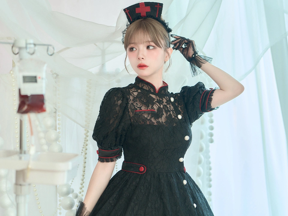 vanityME.（バニティーミー） コスプレ通販専門店  【2点セット】VME HOSPITAL ヴィエムイーホスピタル レースフレアナース ホワイト ブラック vcsnr-260138-my-ac イメージ画像03