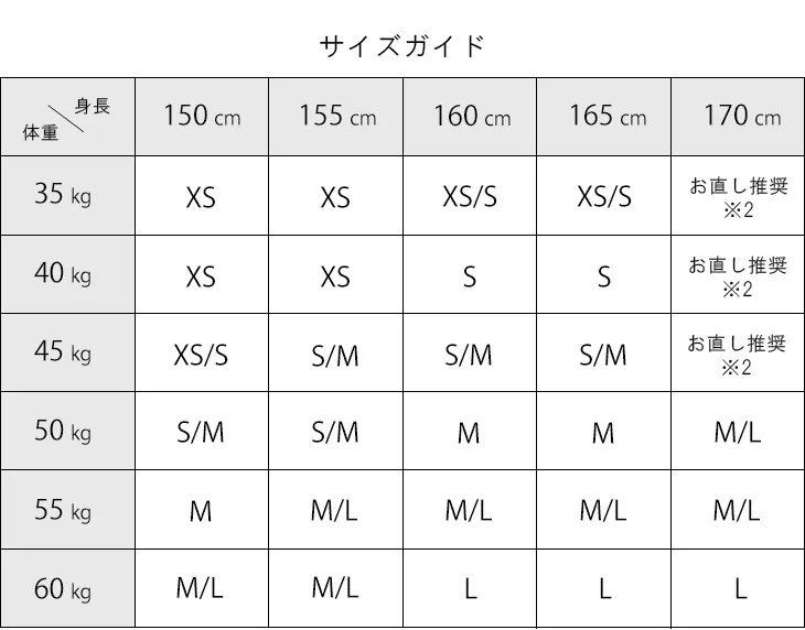 サイズガイド サイズ表