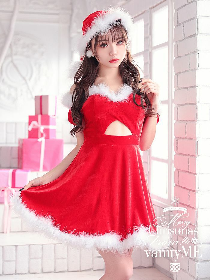 オフショルダーフェザーサンタ [レッド]