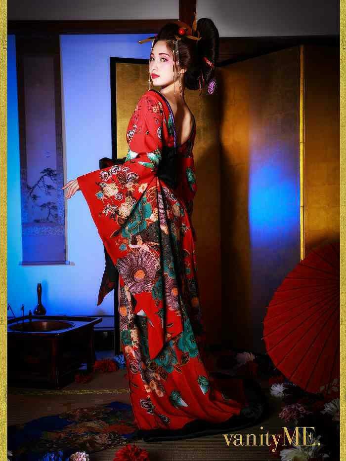 花魁 コスチューム 紅色花魁 赤 和柄 本格和装 着物 花魁ドレス vcsot