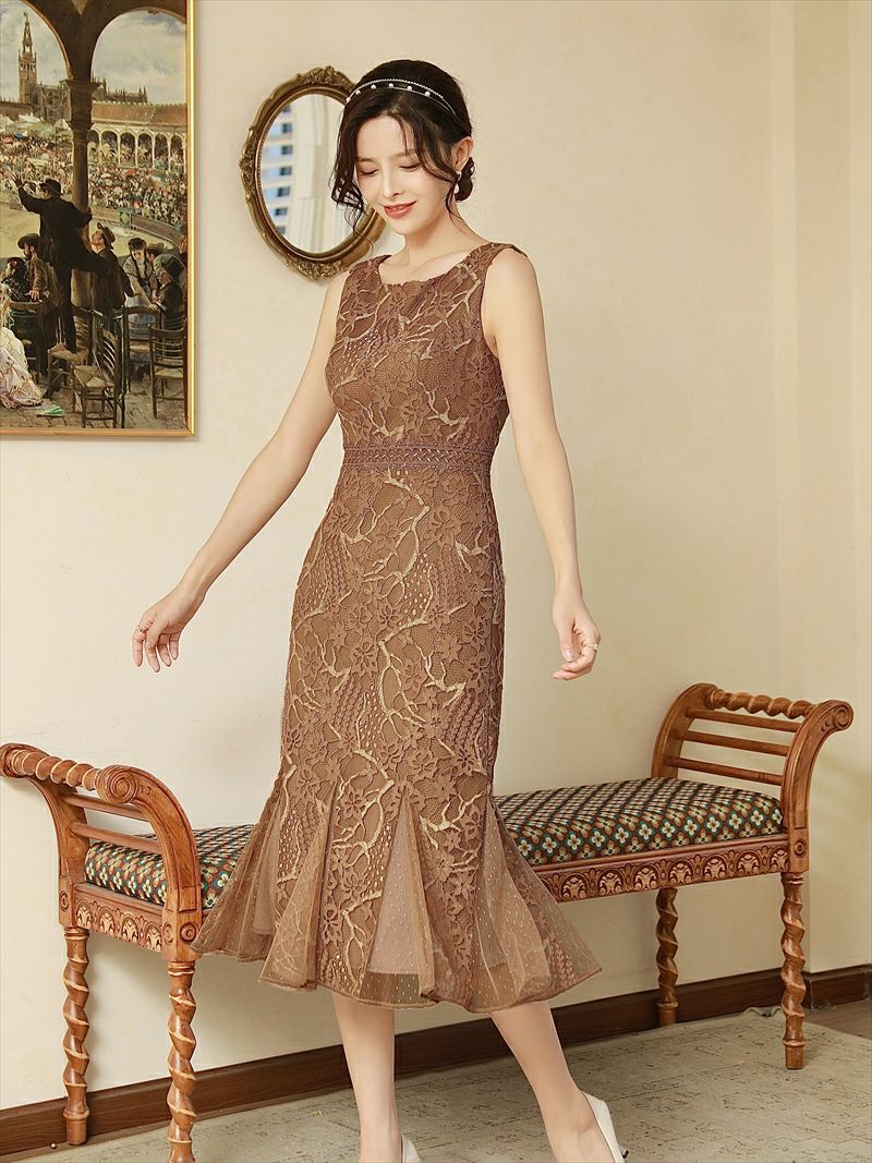 a*♩様 GINZA COUTURE♡ERUKEI 9号 ドレスワンピース ERUKEI エルケイ GINZA COUTURE 銀座チュール ブラウン フラワーレース