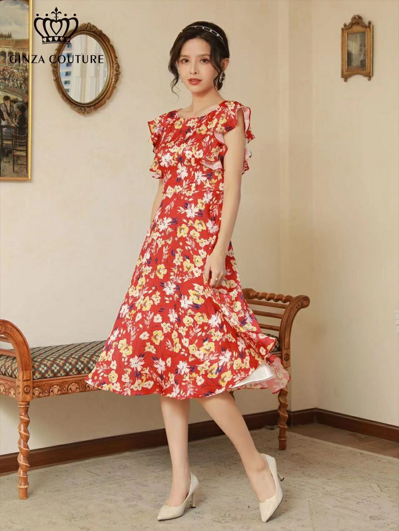 ERUKEI エルケイ GINZA COUTURE 銀座チュール レッド 小花柄・袖フリル