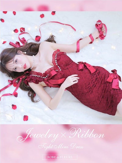 ROBE de FLEURS ローブドフルール ワインレッド ジュエリー×リボン 