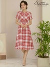 ERUKEI エルケイ SETTAN レッド・ツイード・チェック・ショートスリーブ・半袖・フリンジ・Aライン・ミディアムドレス・ワンピース