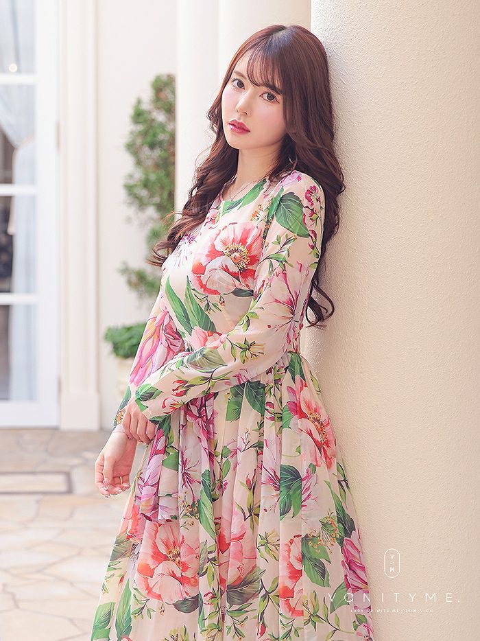 vanityME. [ピンク] 大人 エレガント花柄 長袖 きれいめ ロング丈