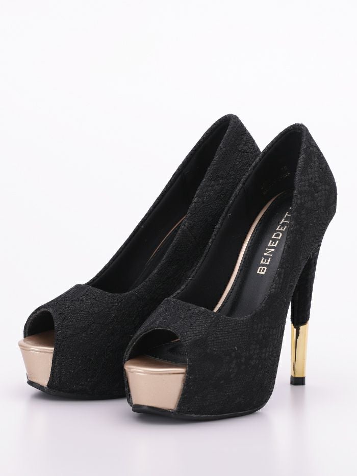 CHANEL ブラック レース オープントゥパンプス　39c BENEDETTA ブラックレース オープントゥ パンプス シルバ-・ゴールド
