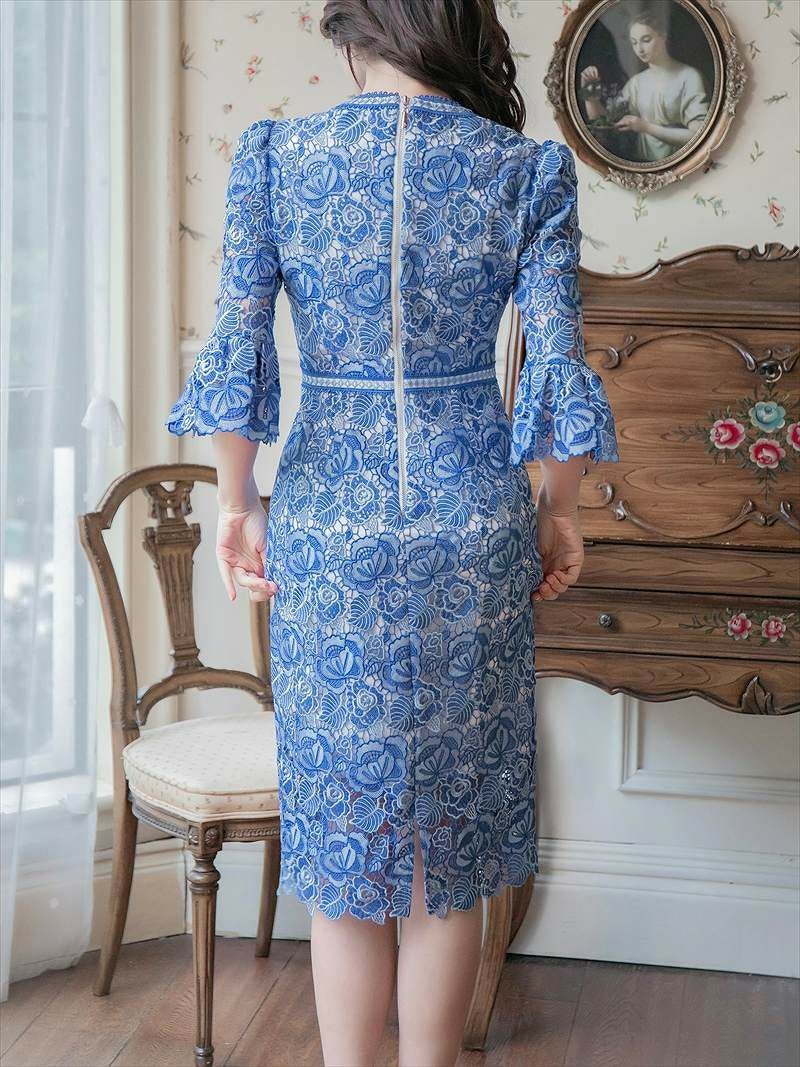 ERUKEI エルケイ SETTAN アンセッタン ブルー・総レース・七分袖・V