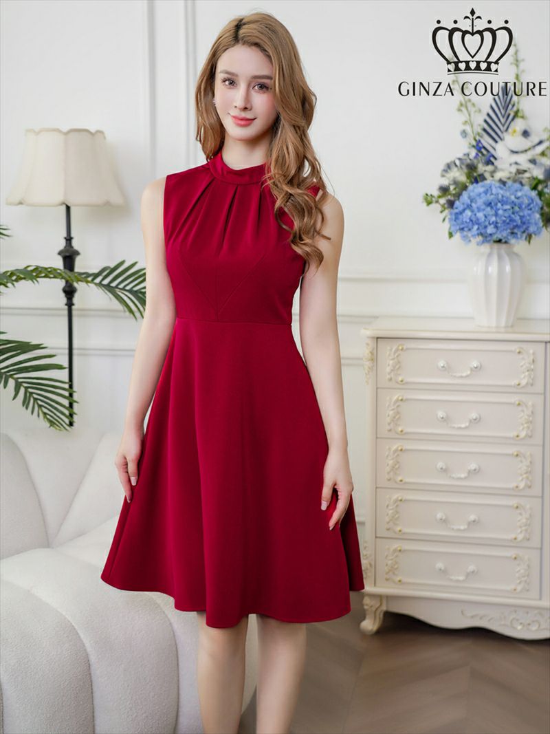 ERUKEI エルケイ ワインレッド ノースリーブ ハイネック ワンカラー 膝丈 ミディアム フレア ワンピース ek-c33206-5