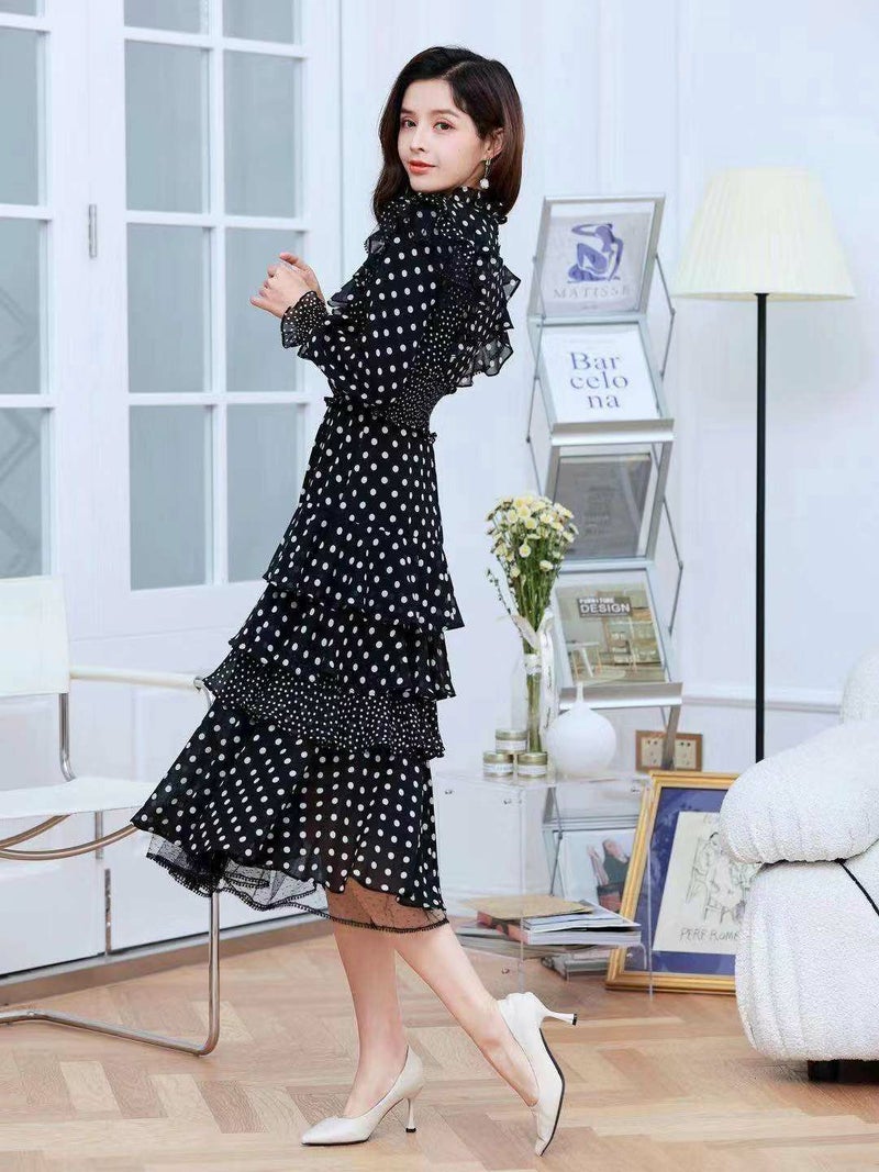 ERUKEI エルケイ [SETTAN] ・ドット・フリル・ウエストゴム・美ライン・長袖・ミディアムドレス・ワンピース・ドレス