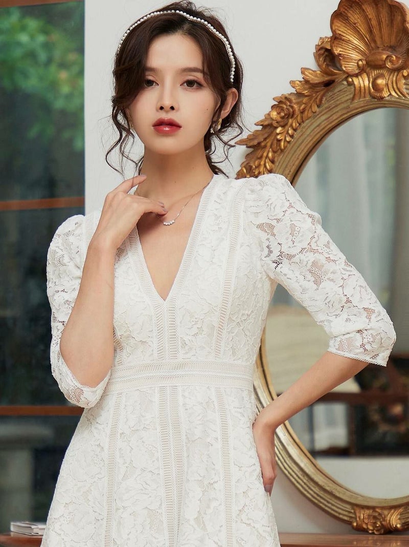 ERUKEI エルケイ 総レース・Aライン・フレア・スリーブドレス・Vネック・ミニドレス・ワンピース ek-s32088s-2