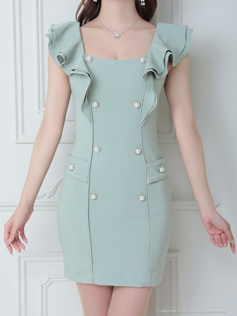 [an] ピスタチオグリーン スクエアネック フリル袖 パールボタン ワンカラー タイト ミニドレス