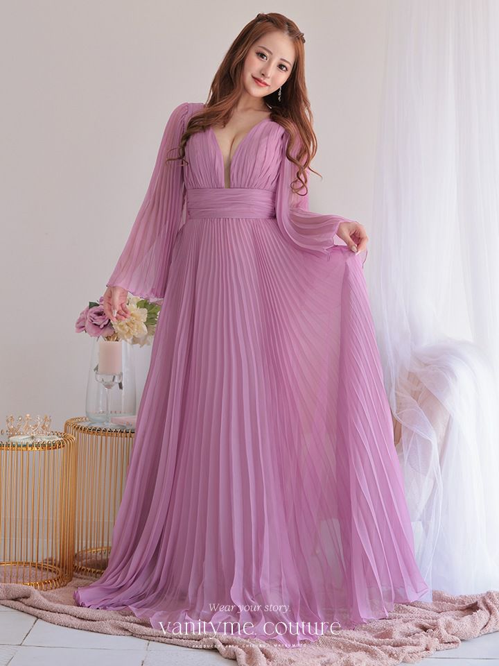 vanityME.couture. バニティミークチュール シフォンドレス 長袖ドレスVネック ハイウエスト ロングドレス ピンク vctr-la-2352-2