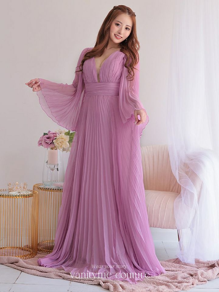 vanityME.couture. バニティミークチュール シフォンドレス 長袖ドレスVネック ハイウエスト ロングドレス ピンク vctr-la-2352-2