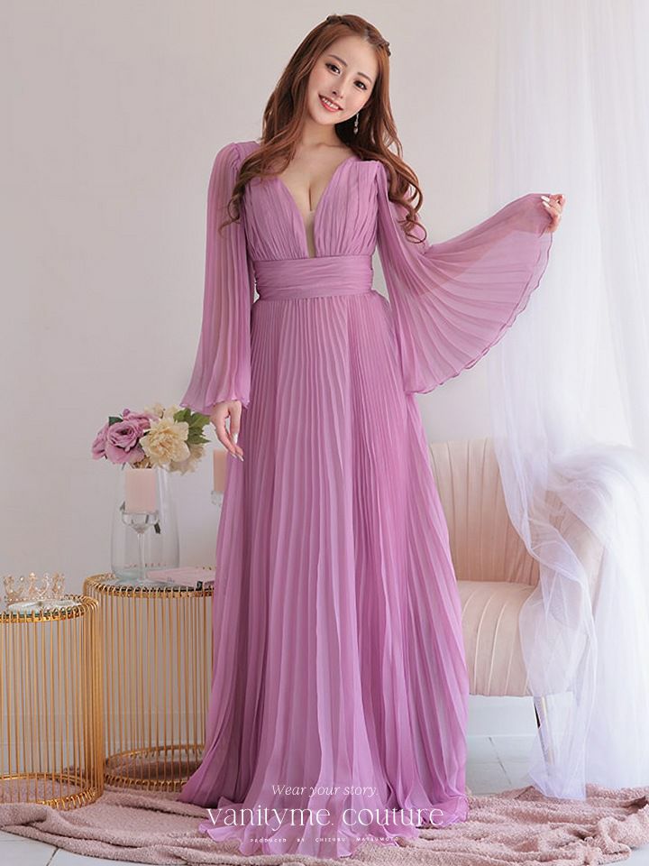vanityME.couture. バニティミークチュール シフォンドレス 長袖ドレスVネック ハイウエスト ロングドレス ピンク vctr-la-2352-2