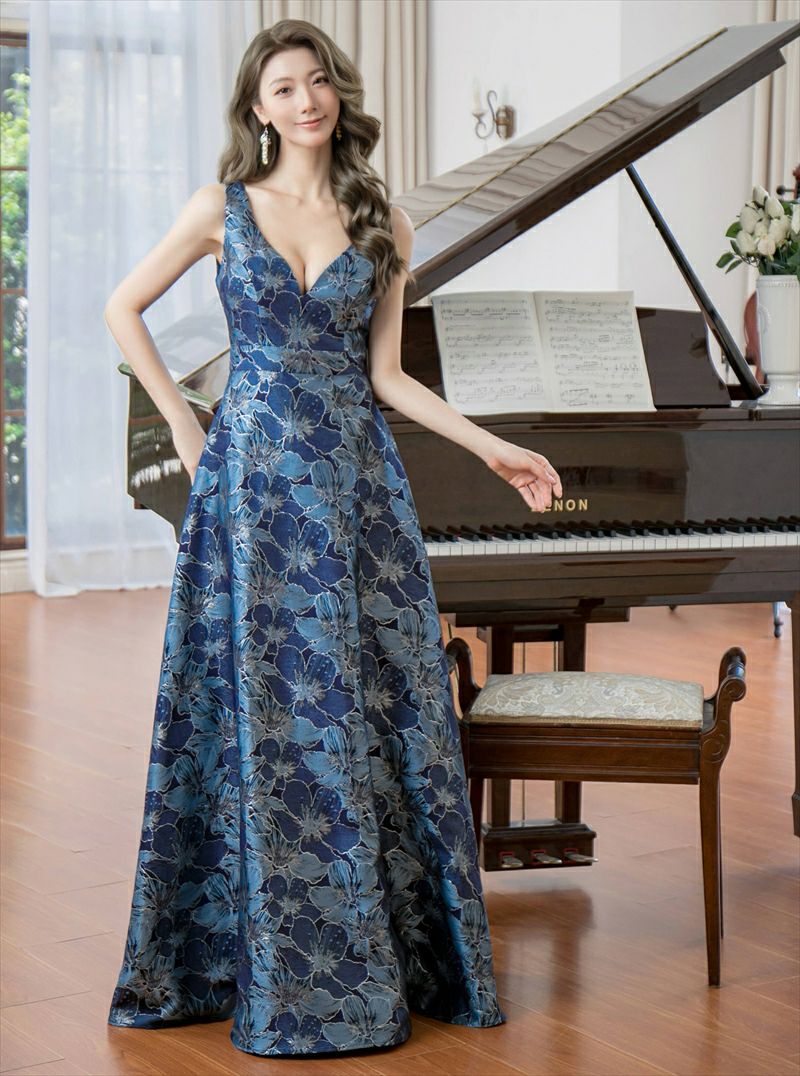 ERUKEI エルケイ ネイビー 花柄・Vネック・フレア・Aライン・ロング