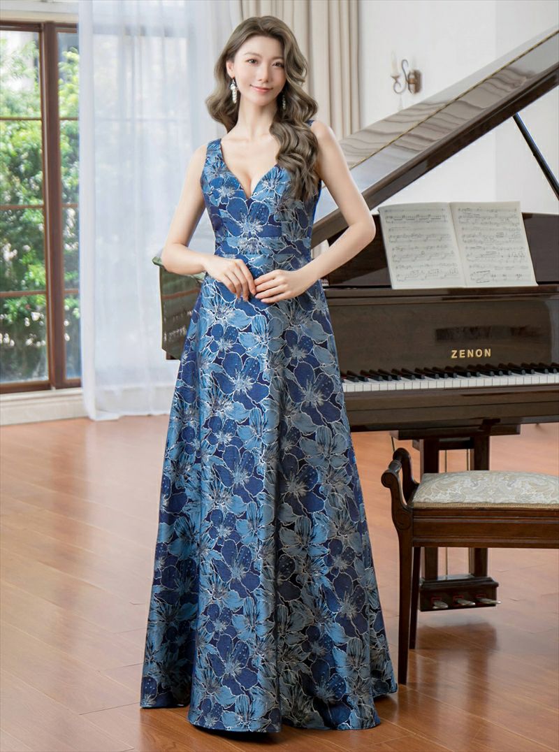 ERUKEI エルケイ ネイビー 花柄・Vネック・フレア・Aライン・ロング