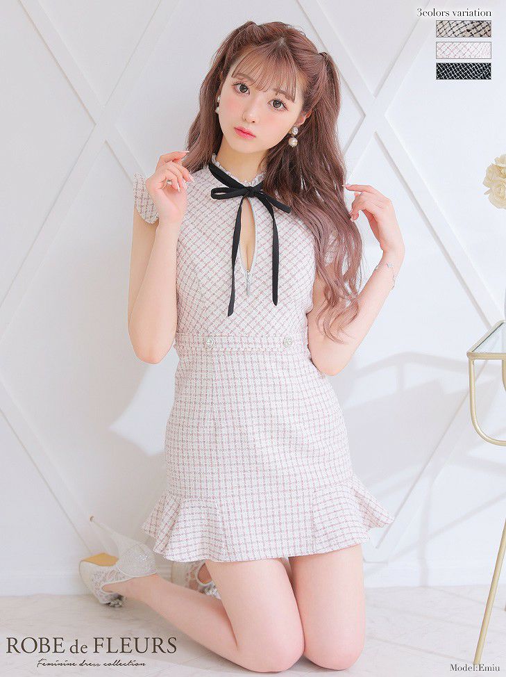 ROBE de FLEURS ローブドフルール チェックツイードバストリボンミニ