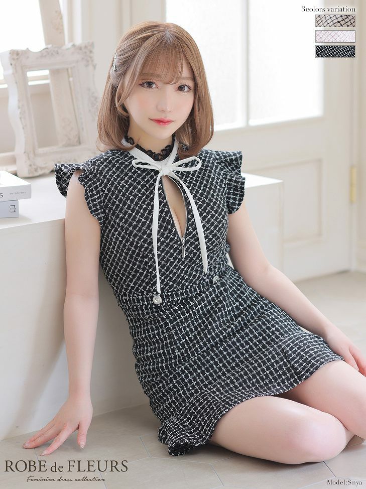 美品 ローブドフルール キャバ ミニ ドレス チェック リボン ネイビー M ROBE de FLEURS ローブドフルール チェックツイードバストリボンミニ