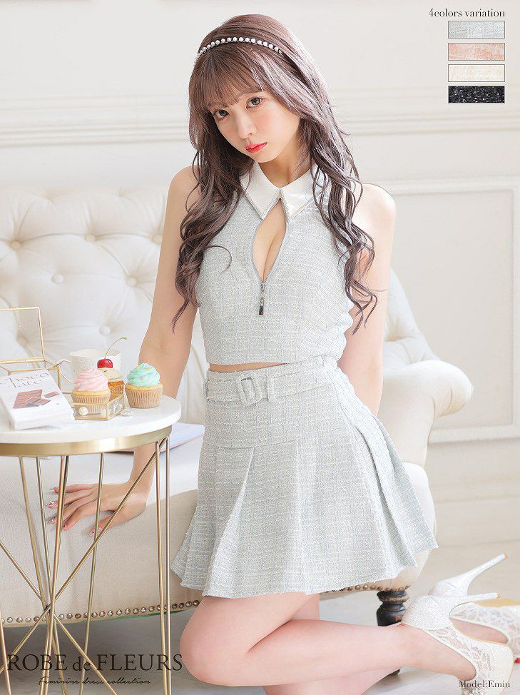 ROBE de FLEURS ローブドフルール 襟付きホルタージッパーツイード