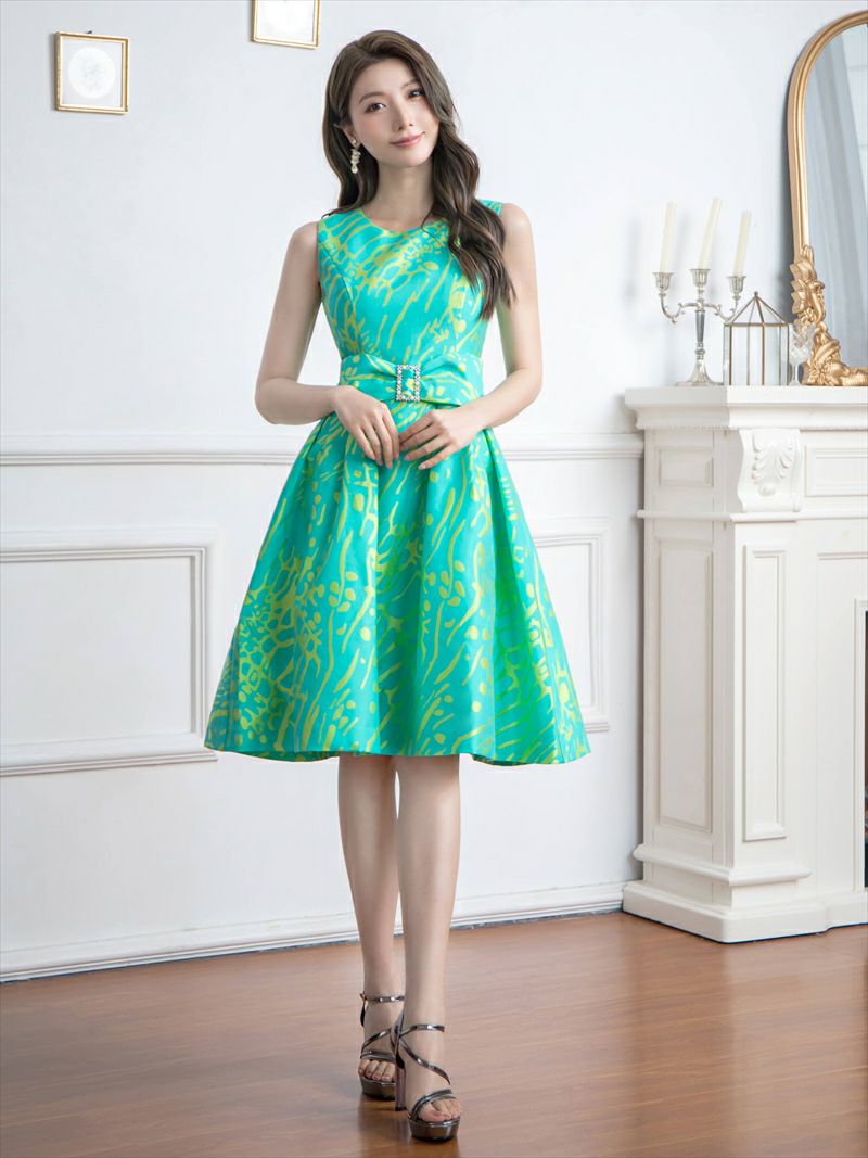 ERUKEI エルケイ プリント・パールビジュー・ウエストマーク・ノースリーブ・フレア・Aライン・ミディアムドレス・ワンピース ek-c2699-2