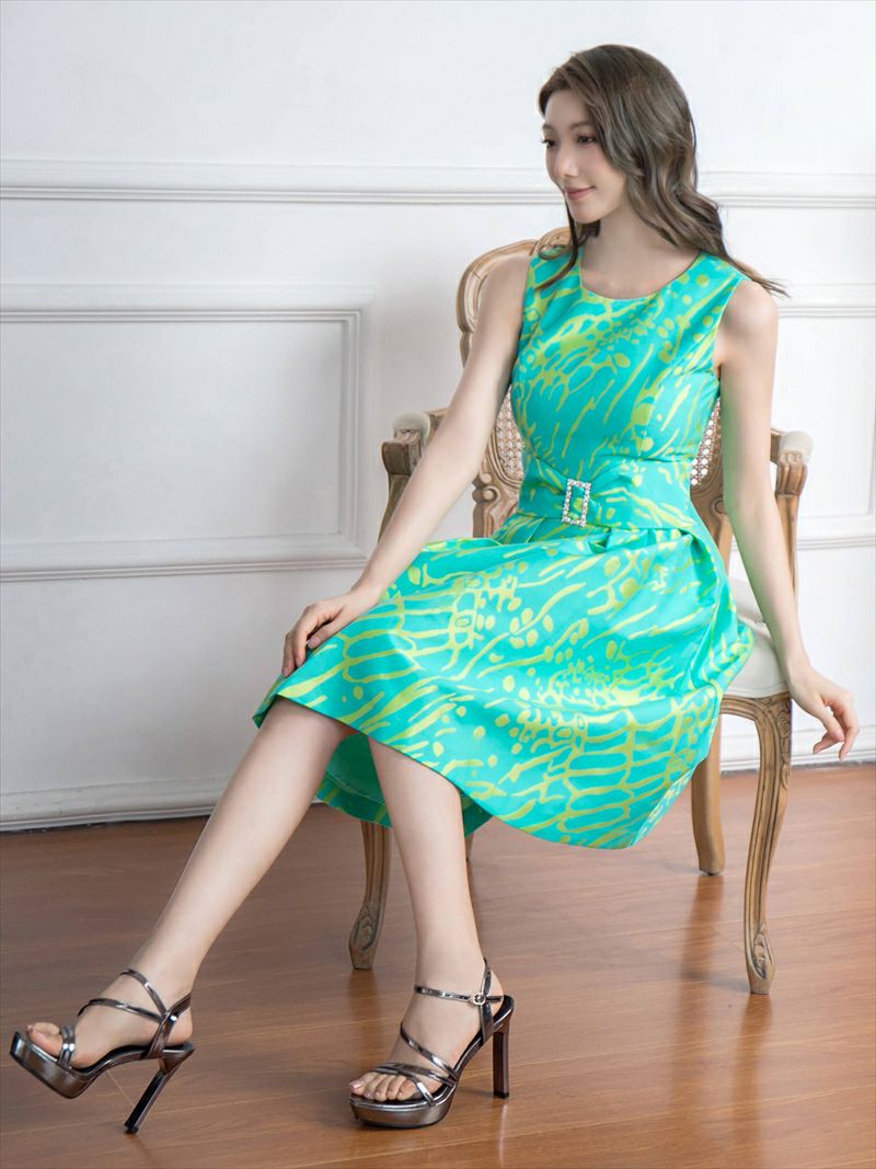 ERUKEI エルケイ プリント・パールビジュー・ウエストマーク・ノースリーブ・フレア・Aライン・ミディアムドレス・ワンピース ek-c2699-2