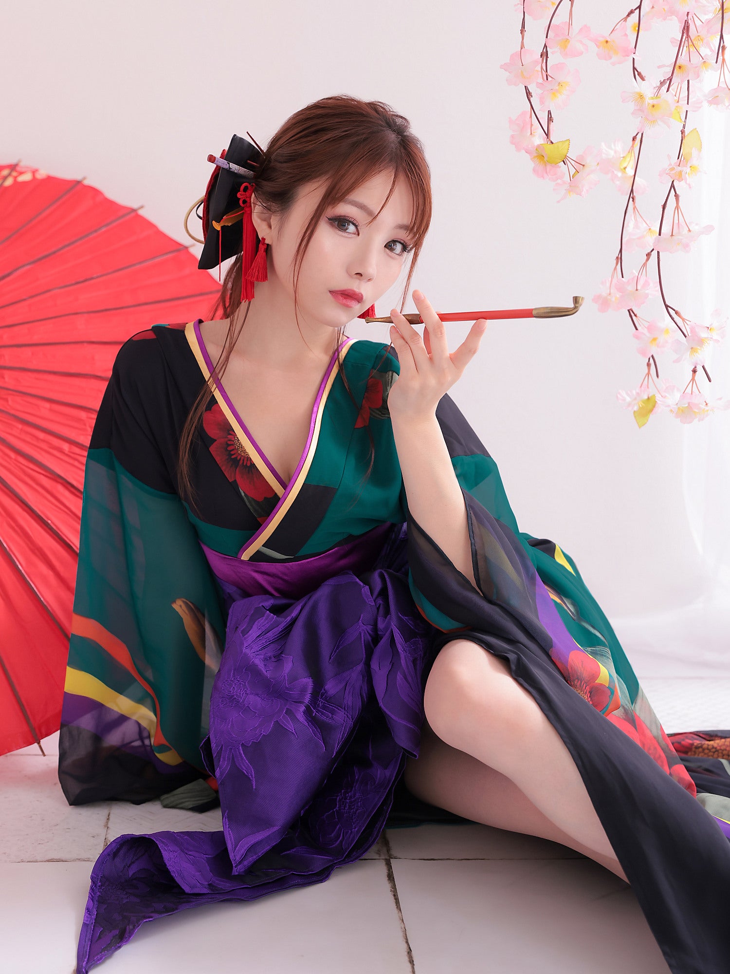 花魁 コスチューム 遊女 花魁 緑 和柄 本格和装 着物 花魁ドレス vcsot-170331-10