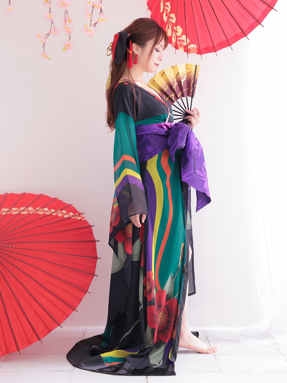 花魁 コスチューム 遊女 花魁 緑 和柄 本格和装 着物 花魁ドレス vcsot-170331-10
