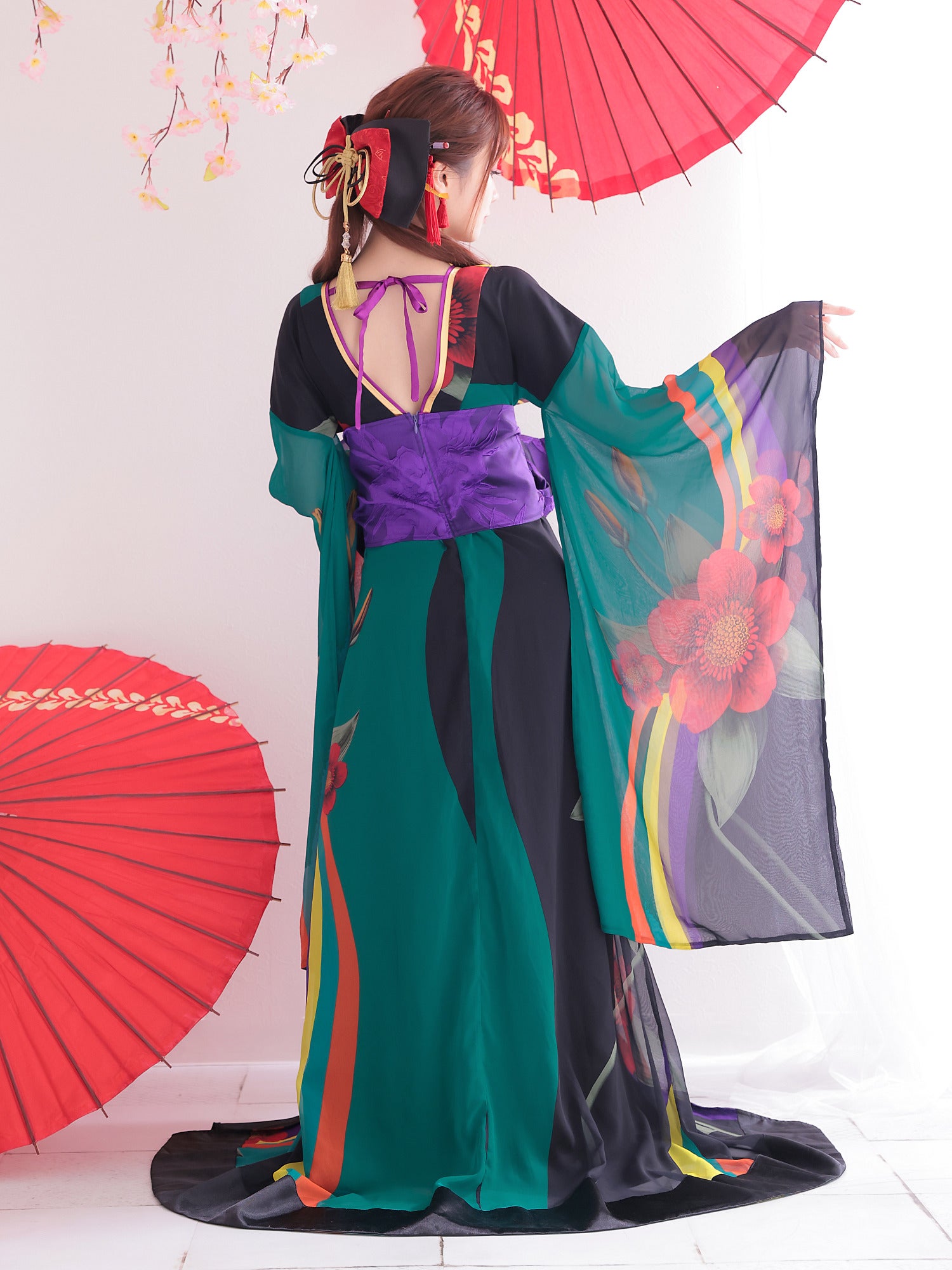 花魁 コスチューム 遊女 花魁 緑 和柄 本格和装 着物 花魁ドレス vcsot-170331-10