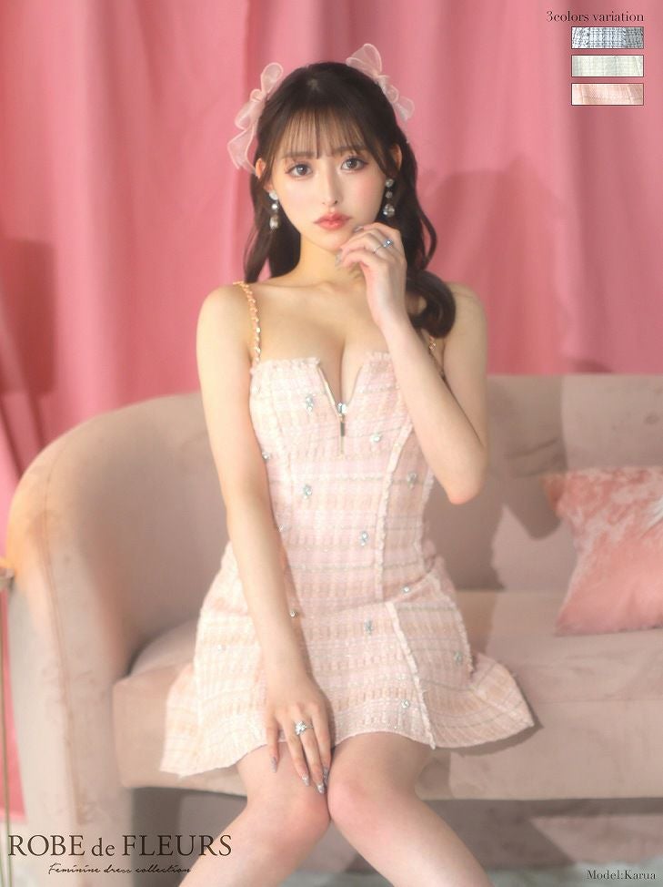 ROBE de FLEURS ローブドフルール ラメツイードランダムビジューキャミドレス fm3501-c