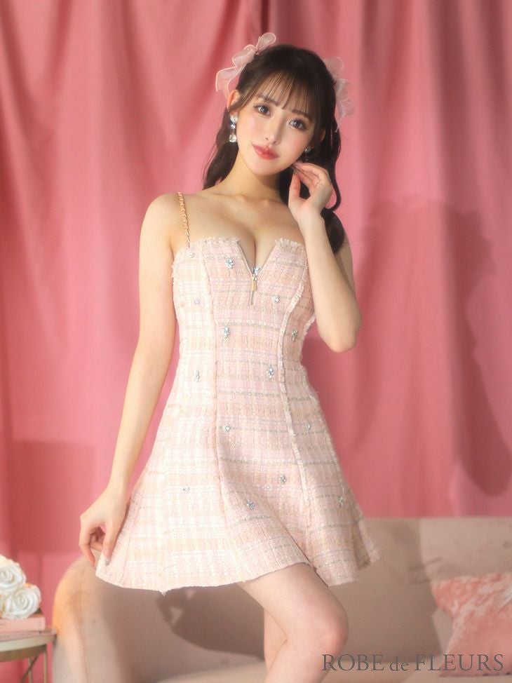 ROBE de FLEURS ローブドフルール ラメツイードランダムビジューキャミドレス fm3501-c