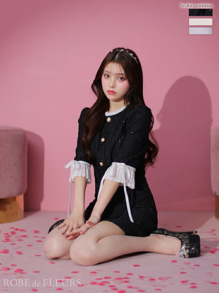 ROBE de FLEURS ローブドフルール チェックツイードバストリボンミニ