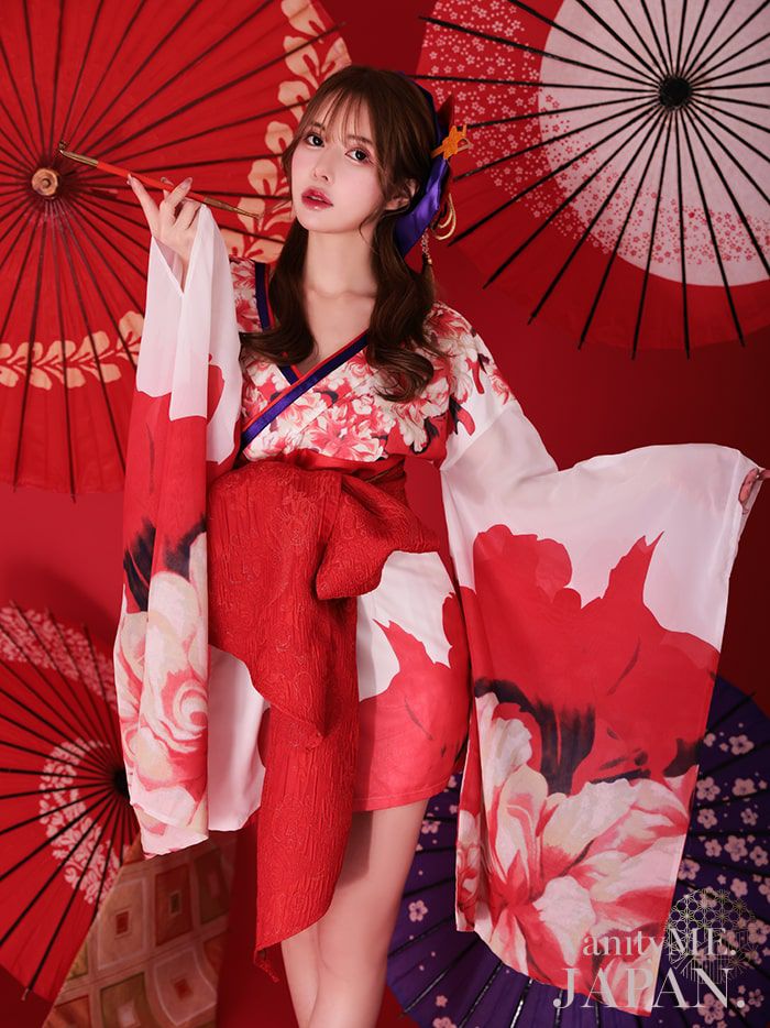 2点セット】花魁 ミニ 純白花魁 花柄シフォン 花魁コスチューム 和柄