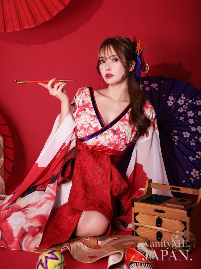 2点セット】花魁 ミニ 純白花魁 花柄シフォン 花魁コスチューム 和柄