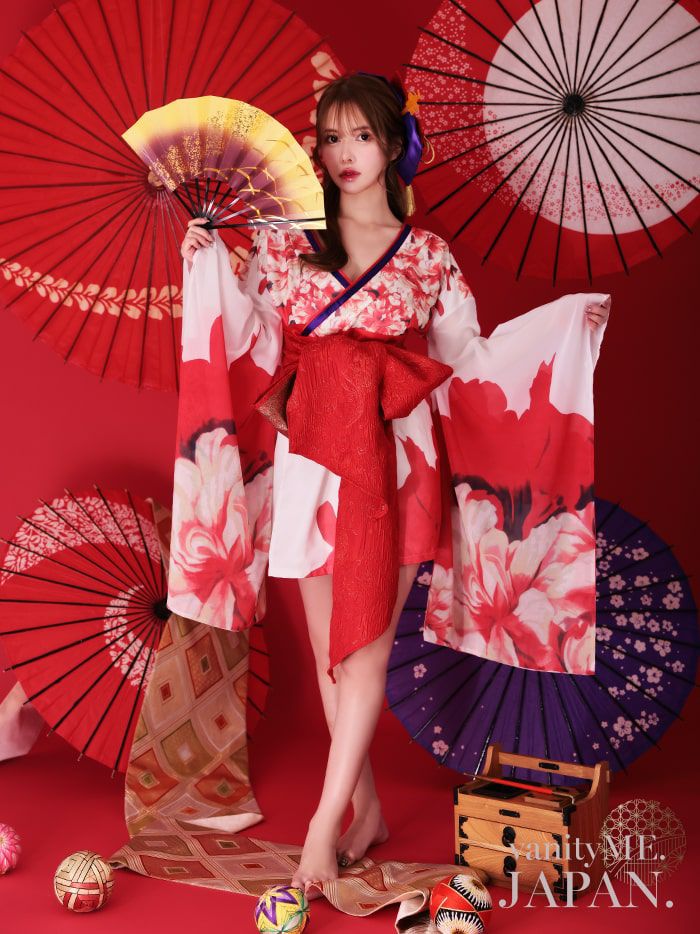 ミニ花魁 2点セット】花魁 ミニ 純白花魁 花柄シフォン 花魁コスチューム 和柄