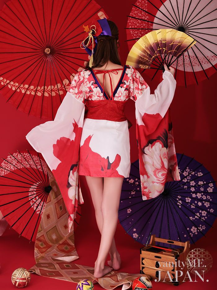 2点セット】花魁 ミニ 純白花魁 花柄シフォン 花魁コスチューム 和柄