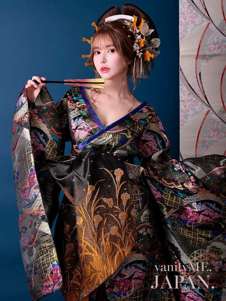 2点セット】花魁 大奥 花魁コスチューム 黒 和柄 本格和装 着物 花魁