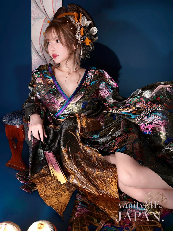 2点セット】花魁 大奥 花魁コスチューム 黒 和柄 本格和装 着物 花魁