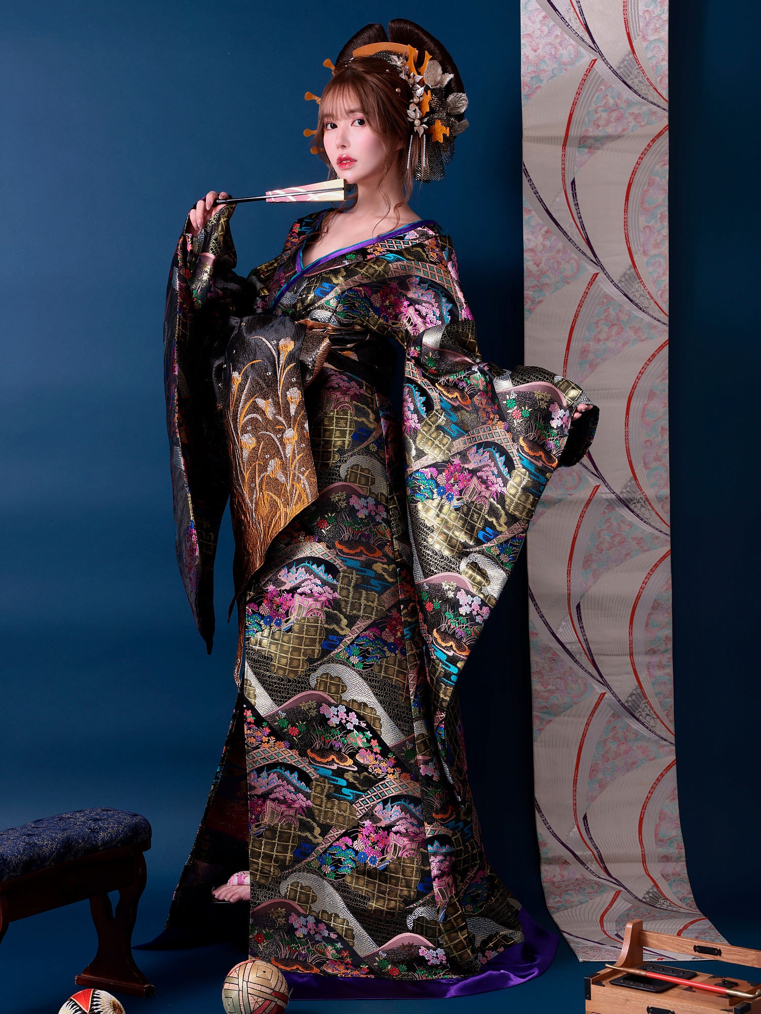 2点セット】花魁 大奥 花魁コスチューム 黒 和柄 本格和装 着物 花魁