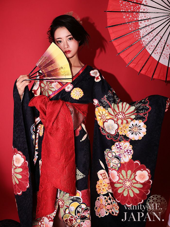 2点セット】花魁 大判華柄 花魁コスチューム 黒 和柄 本格和装 着物