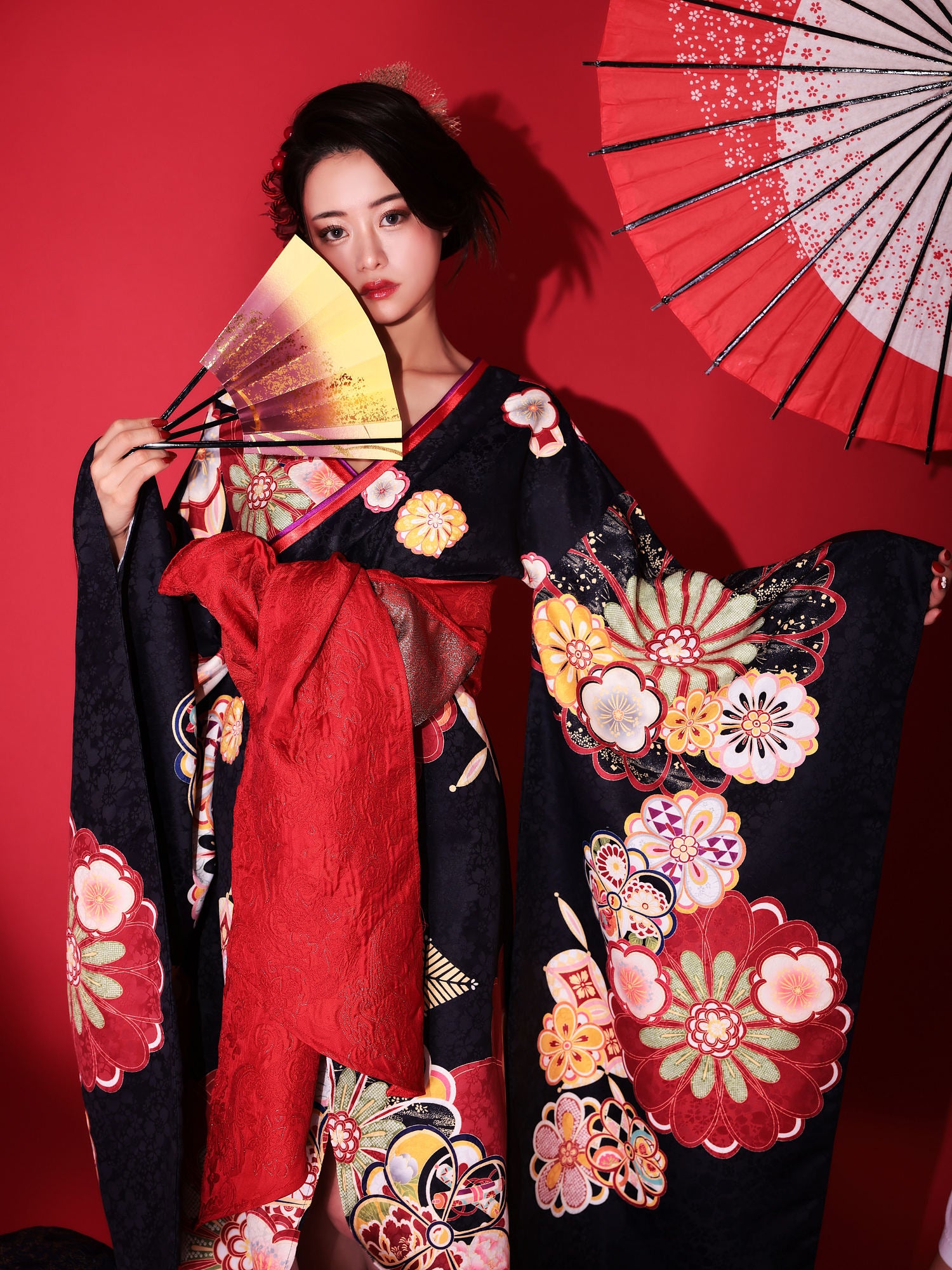 花魁 大判華柄 花魁コスチューム 黒 和柄 本格和装 着物 花魁ドレス vcsot-231072