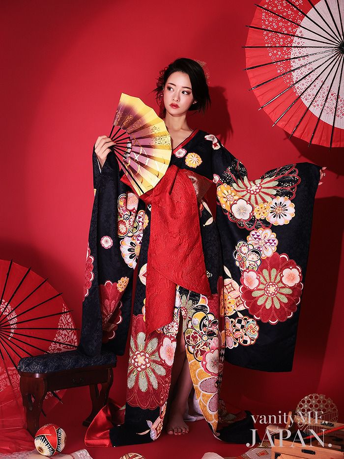 2点セット】花魁 大判華柄 花魁コスチューム 黒 和柄 本格和装 着物