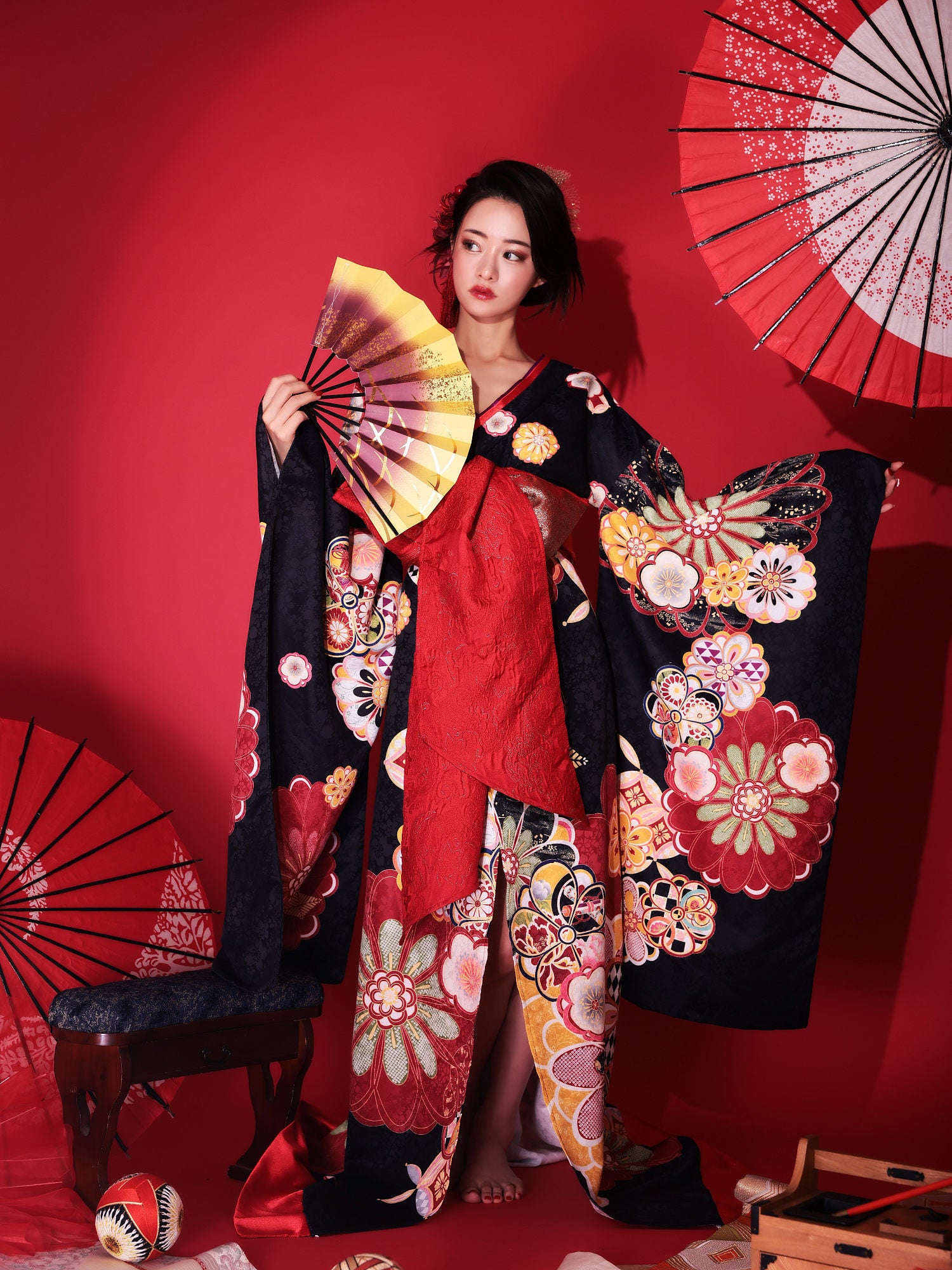花魁 大判華柄 花魁コスチューム 黒 和柄 本格和装 着物 花魁ドレス vcsot-231072