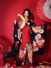 花魁 大判華柄 花魁コスチューム 黒 和柄 本格和装 着物 花魁ドレス vcsot-231072