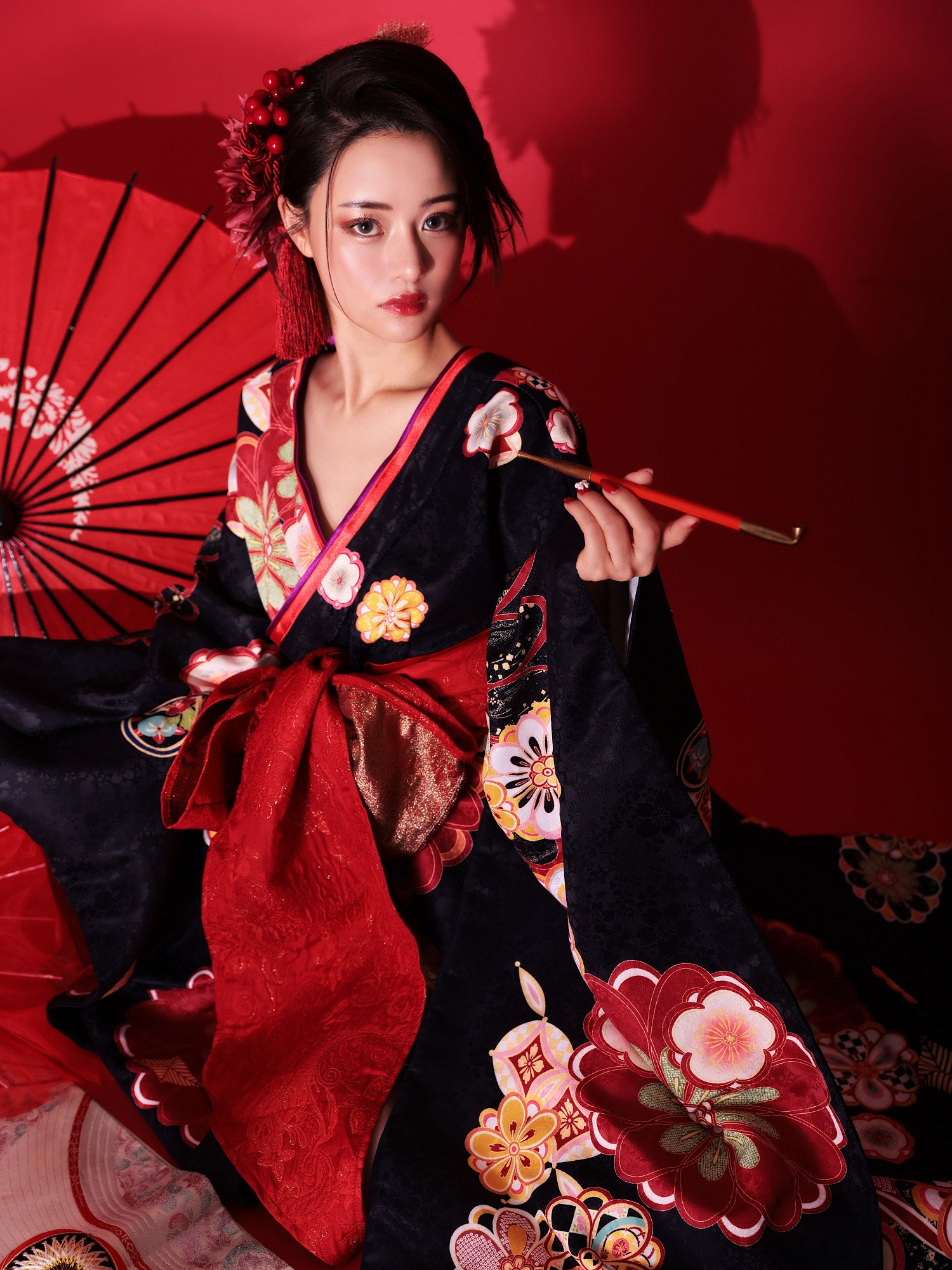 花魁 大判華柄 花魁コスチューム 黒 和柄 本格和装 着物 花魁ドレス vcsot-231072