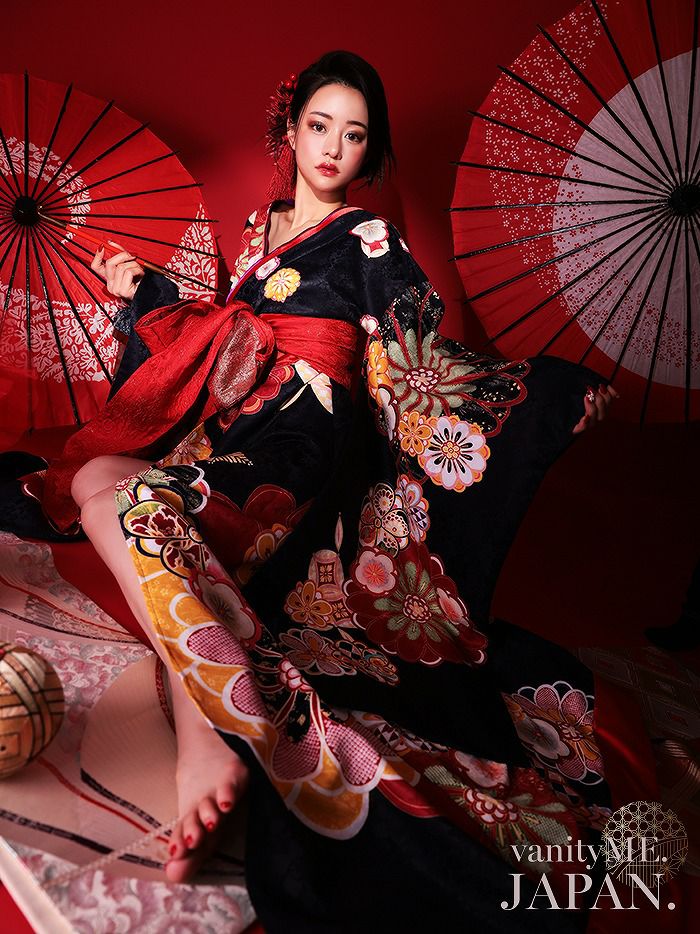 vanityME. 花魁 和装 コスチューム 黒×赤 2点セット】花魁 大判華柄 花魁コスチューム 黒 和柄 本格和装 着物