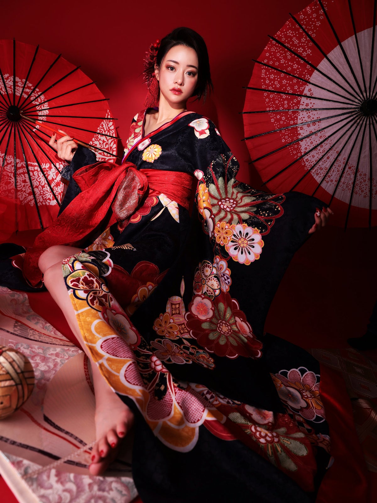 花魁 大判華柄 花魁コスチューム 黒 和柄 本格和装 着物 花魁ドレス vcsot-231072