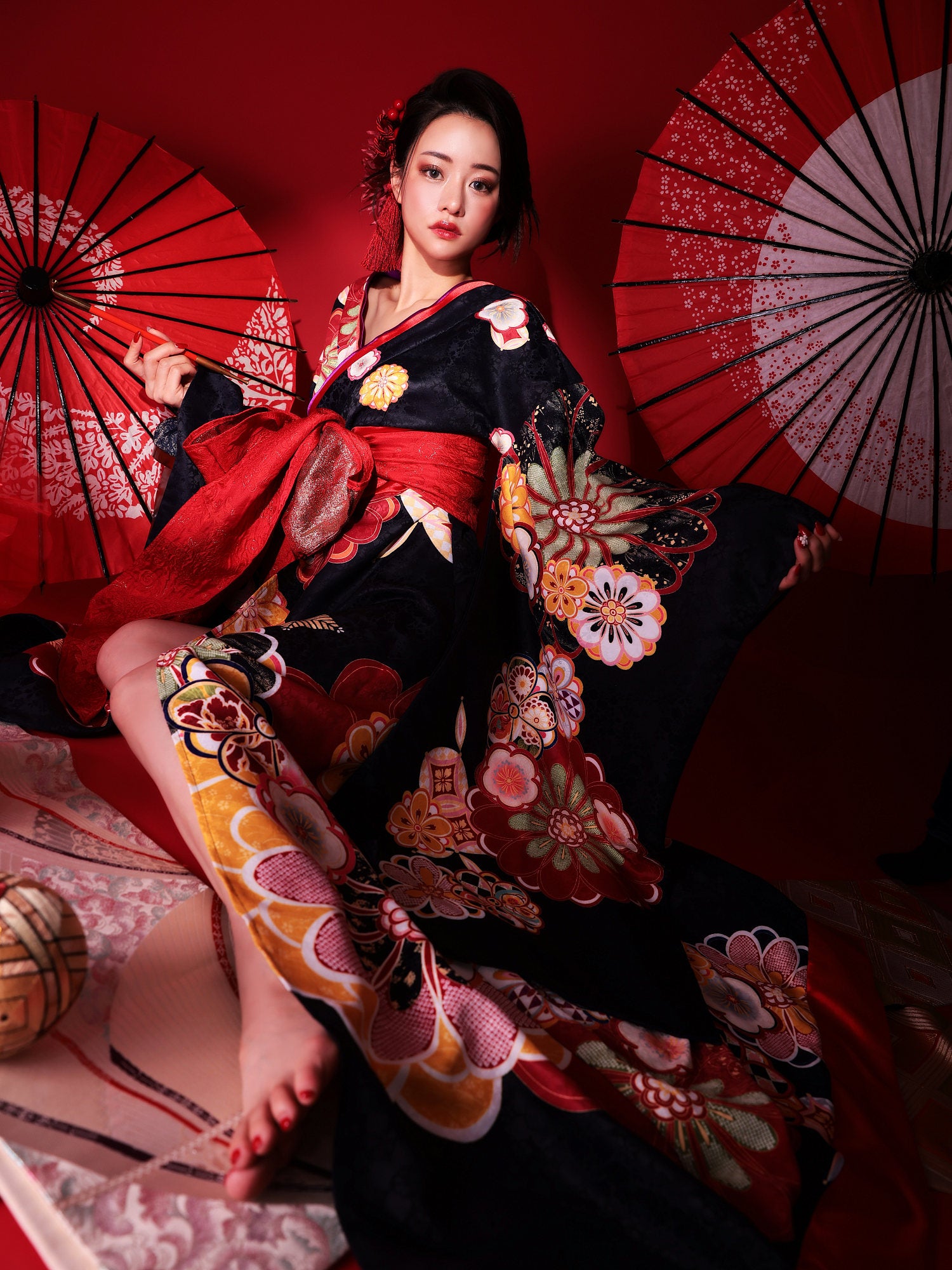 花魁 大判華柄 花魁コスチューム 黒 和柄 本格和装 着物 花魁ドレス vcsot-231072